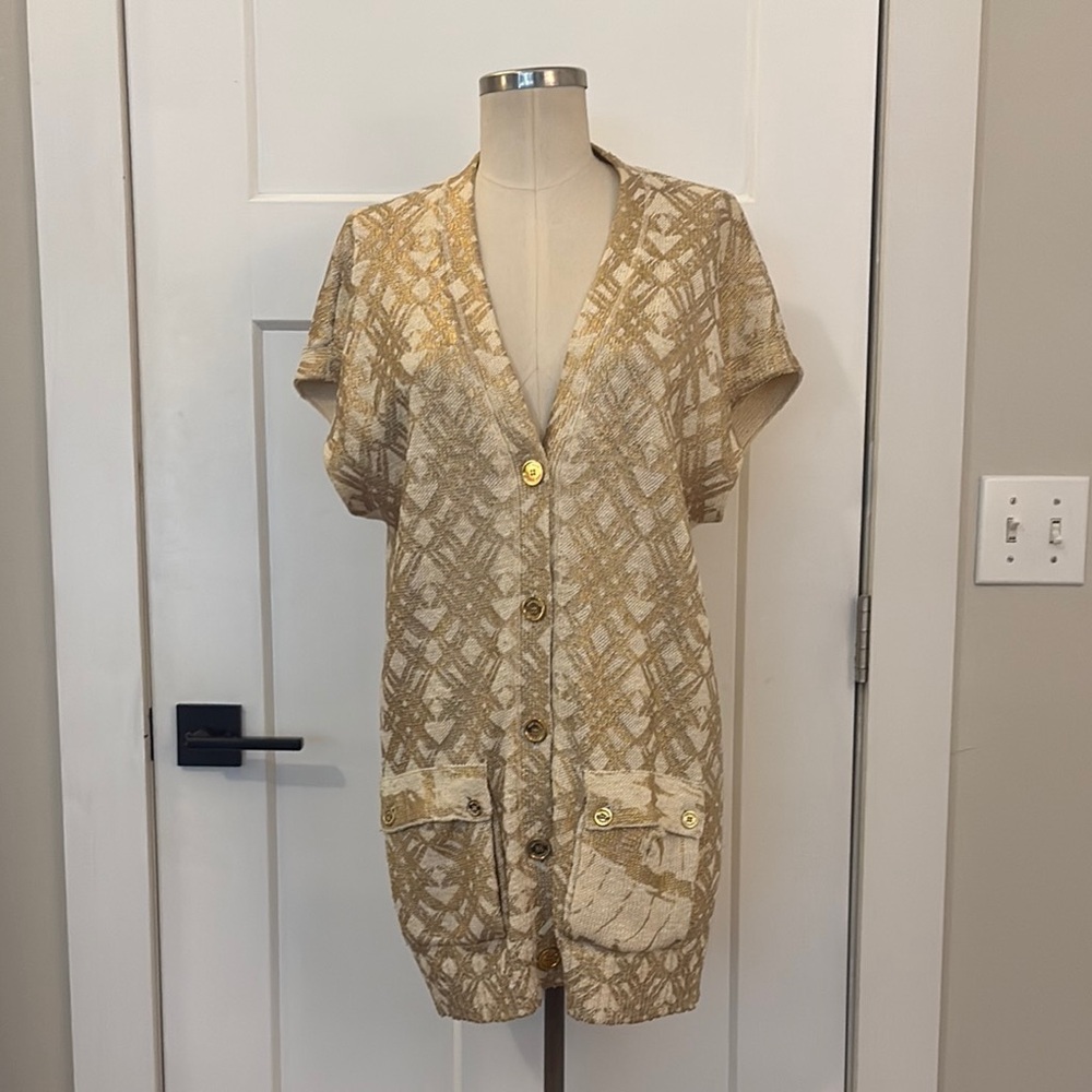 Tory Burch Gold Foil Oversized Knit Cardigan with Gold Accents